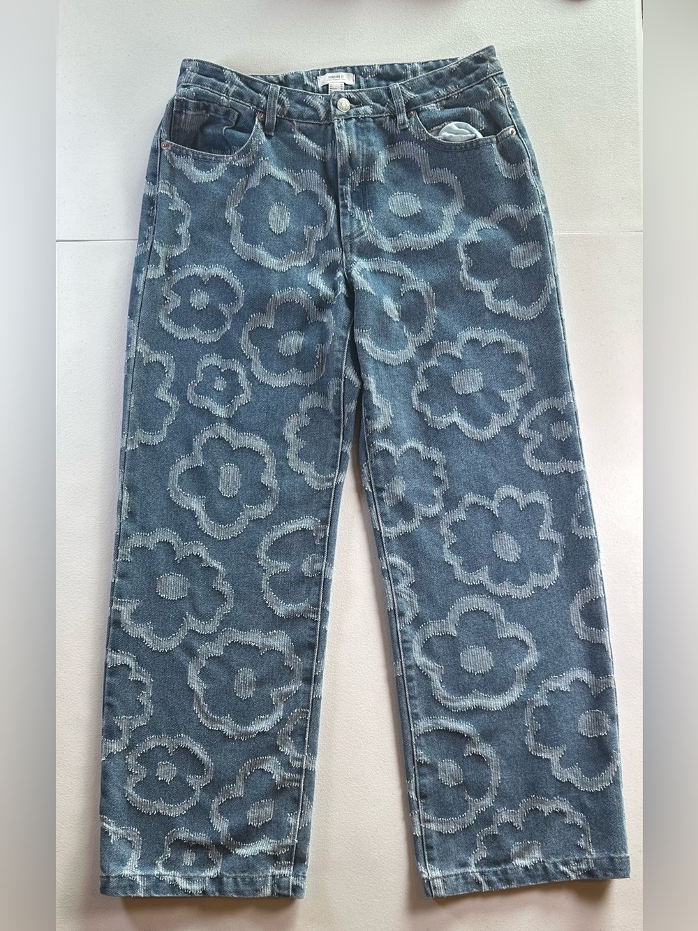 Forever 21 Floral Textured Laser Cut Wide Leg Denim Jeans Blue Size 30